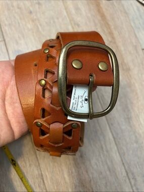Lucky Brand Women's Small Brown Cut off Leather Woven Studded Belt 2" Brass S
